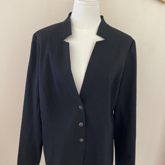 Vintage Larry Levine Snap Front Blazer Womens 14 Black Stretch Career Minimalist - Picture 2 of 11